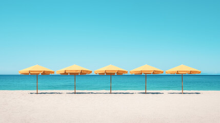 Fototapeta premium A serene beach scene with yellow umbrellas lining the shoreline under a clear blue sky.