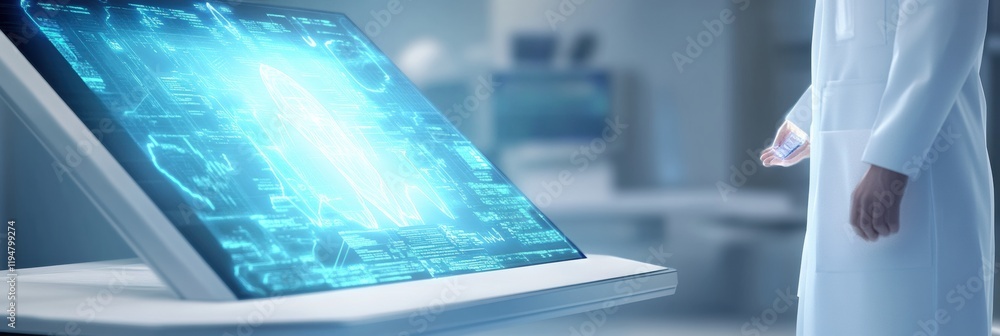 Poster diagnostic medical data displayed on a futuristic screen in a modern healthcare facility for analysi
