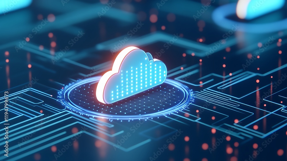 Poster cloud computing concept with digital elements and neon effects on abstract circuit background