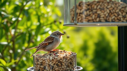 Garden Scene: Sparrow at Feeder, Trees, Sustainability