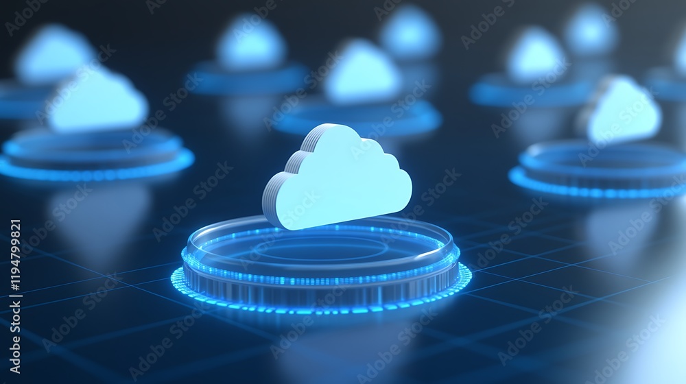 Aufkleber cloud computing concept with floating blue clouds and digital circuits in a futuristic technology en