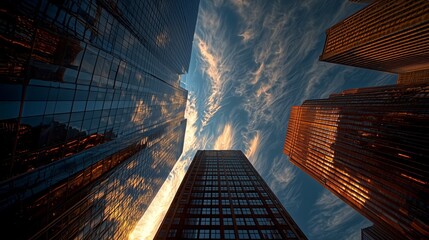 Dramatic Urban Skyline with Reflective Glass Buildings and Clouds