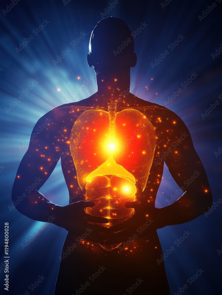 Poster glowing human torso with vibrant light and energy at the core during a mystical moment in a dark spa