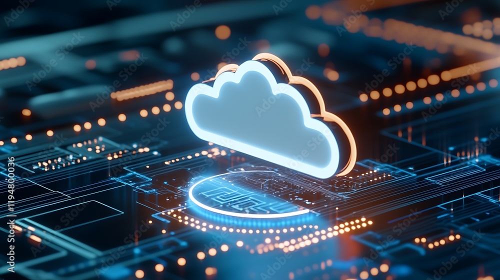 Poster cloud computing concept with neon cloud icon over circuit board and digital data connections in blue