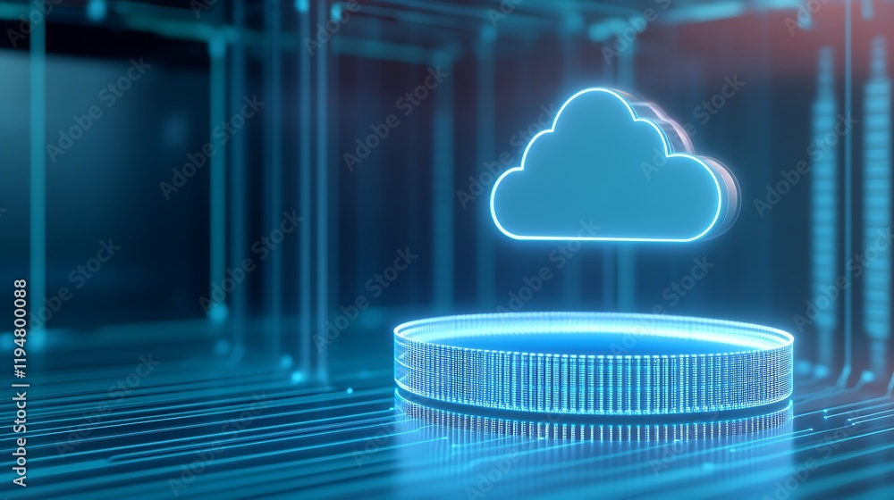 Poster cloud computing concept with stylish neon cloud and platform on futuristic digital background