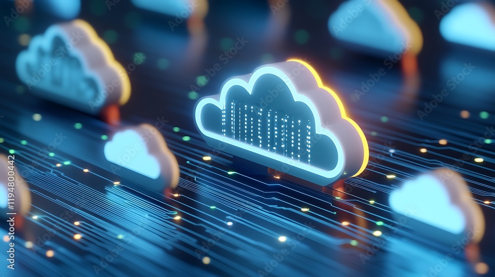 Poster cloud computing technology concept illustrating data transfer and storage in digital networks