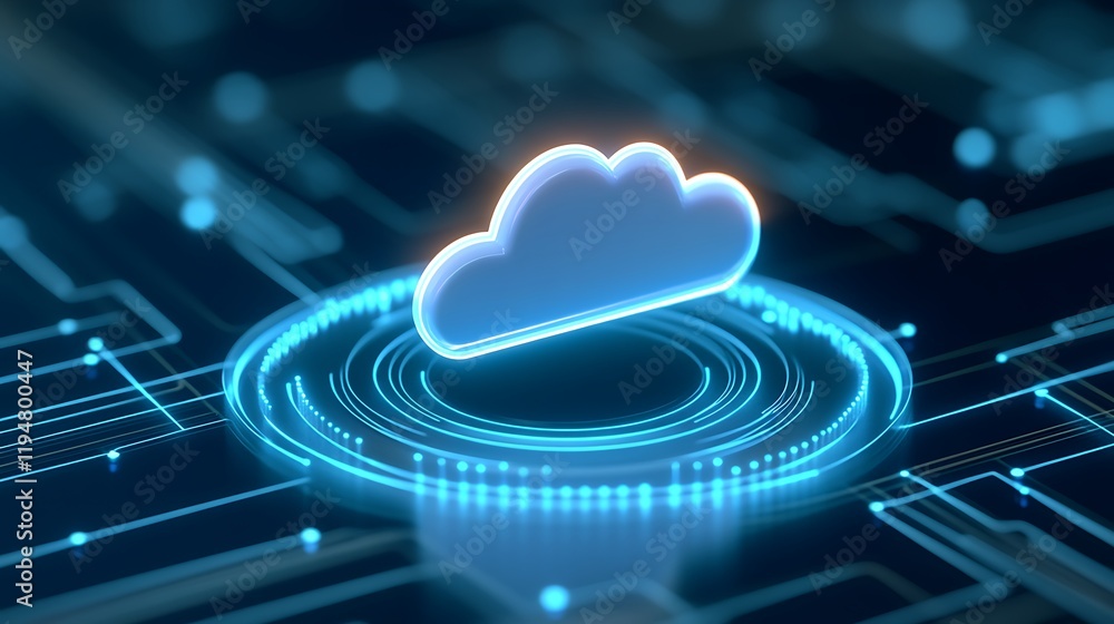 Poster cloud computing symbol against high-tech digital background with bright neon lights and circuits