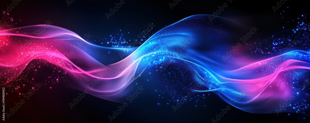 Poster abstract waves, digital background with blue and pink neon colors, smooth flowing shapes, glowing po