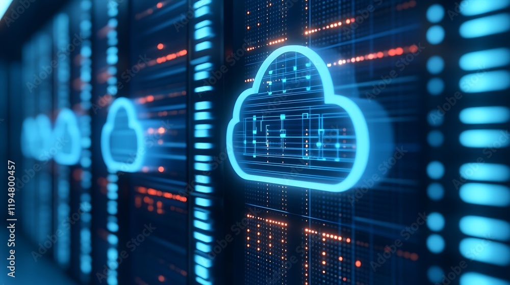 Poster cloud computing technology concept with data storage and server racks in blue digital environment