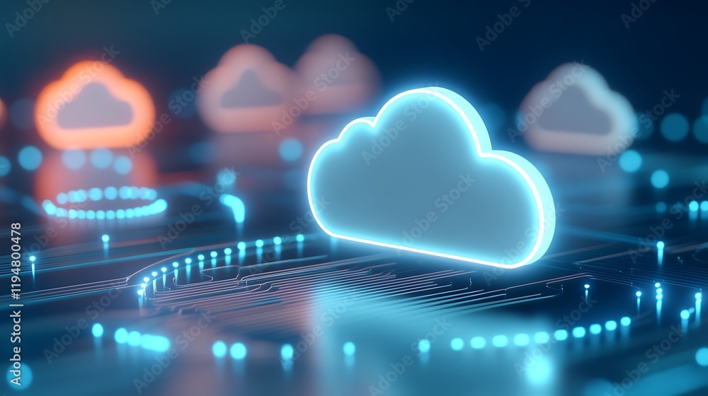 Poster cloud computing technology concept with digital circuit design in modern blue and orange color palet