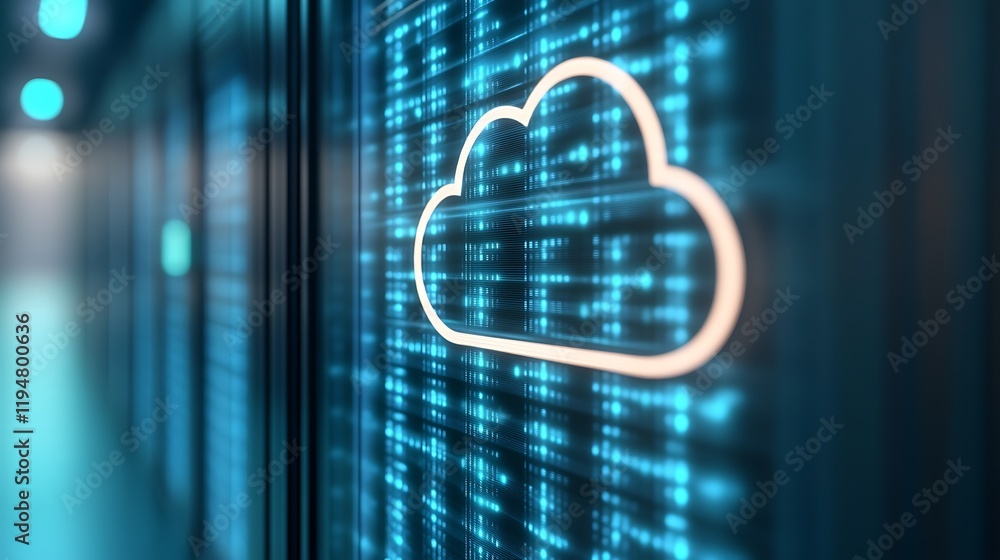Poster cloud computing technology concept with illuminated cloud symbol and digital data in a futuristic se