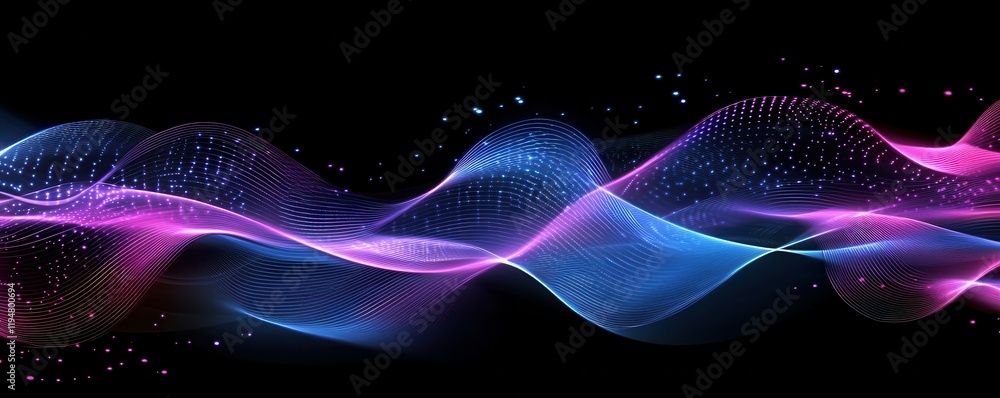 Poster abstract waves, digital background with blue and pink neon colors, smooth flowing shapes, glowing po