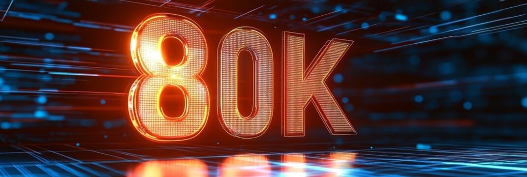 Glowing Digital Big 3D Number 80K in Futuristic Style on a Digital Abstract Background