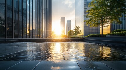 Serene Cityscape at Sunset with Reflection in Water Splash Pool