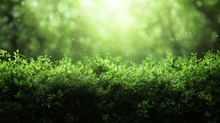 Lush green forest, sunlight, bokeh background, nature scene, ideal for environmental themes