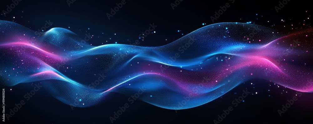 Poster abstract waves, digital background with blue and pink neon colors, smooth flowing shapes, glowing po