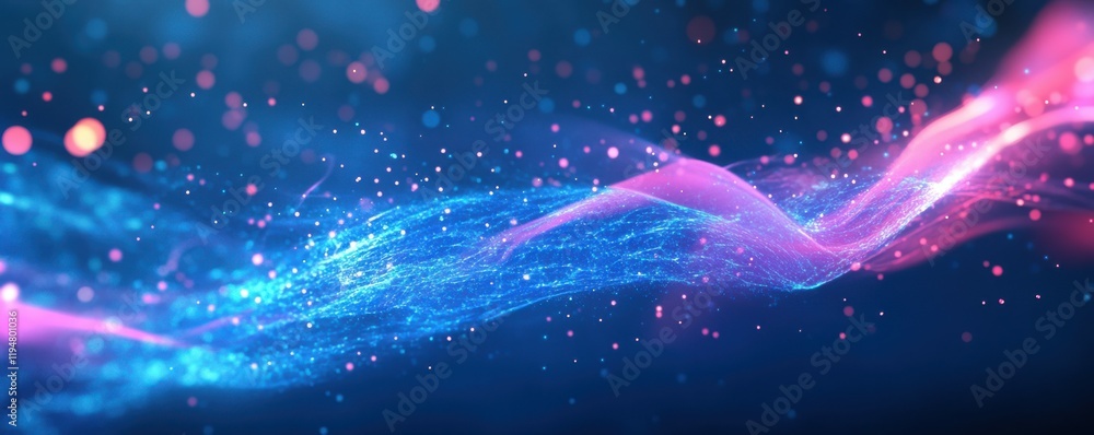 Poster abstract waves, digital background with blue and pink neon colors, smooth flowing shapes, glowing po