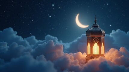 Fototapeta premium Ornate Arabic lantern crescent moon starry night sky
