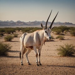 The Arabian oryx grazing in a desert landscape.
