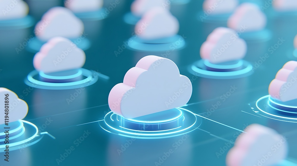 Poster digital cloud computing concept with 3d cloud symbols and data connections in blue background