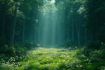 Fototapeta premium Sunbeams illuminating a mystical forest path.