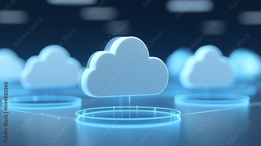 Poster digital cloud computing concept with 3d illustrations and neon light effects for technology and data
