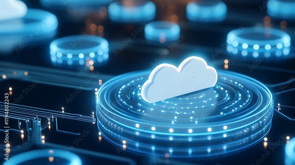 Poster digital cloud computing concept with blue neon elements and circular patterns on a dark background