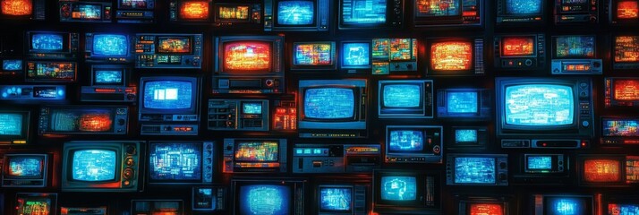 Vintage Television Wall A collection of retro TVs evoke nostalgia and broadcasting imagery.