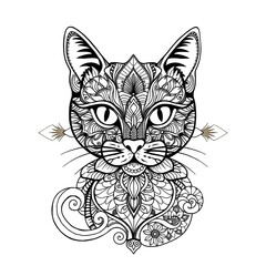 Intricate Mandala Cat Portrait with Zentangle Patterns and Spiritual Symbolism in Black and White
