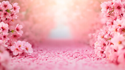A serene pathway lined with blooming cherry blossoms in soft pink hues.