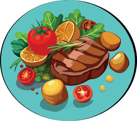 Grilled steak with vegetables and potatoes filling a round plate
