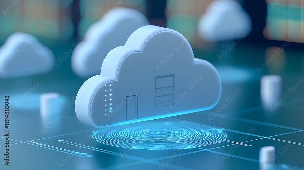 Poster digital cloud computing concept with floating cloud icons and data visualization elements background