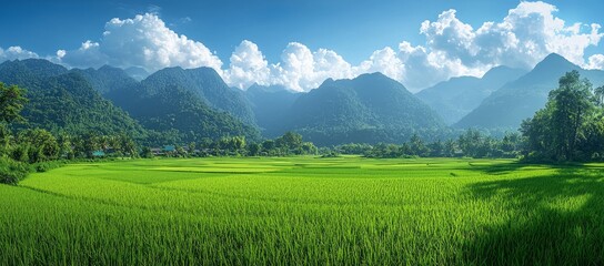 Obraz premium Lush green rice paddy, mountain backdrop, sunny day. Perfect for travel brochures