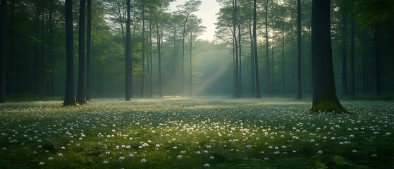 Misty forest sunrise with wildflowers.