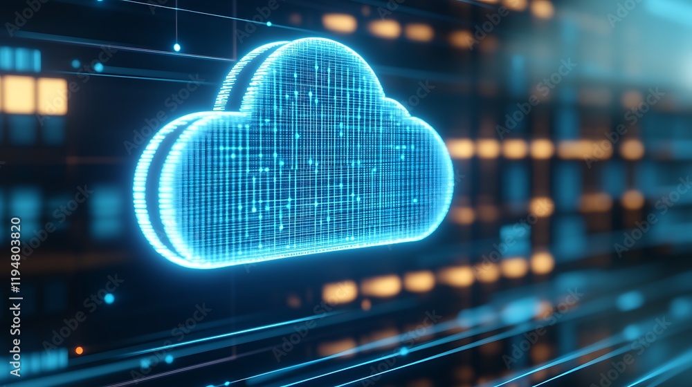 Poster digital cloud computing concept with neon glow and data transfer connections in technology backgroun