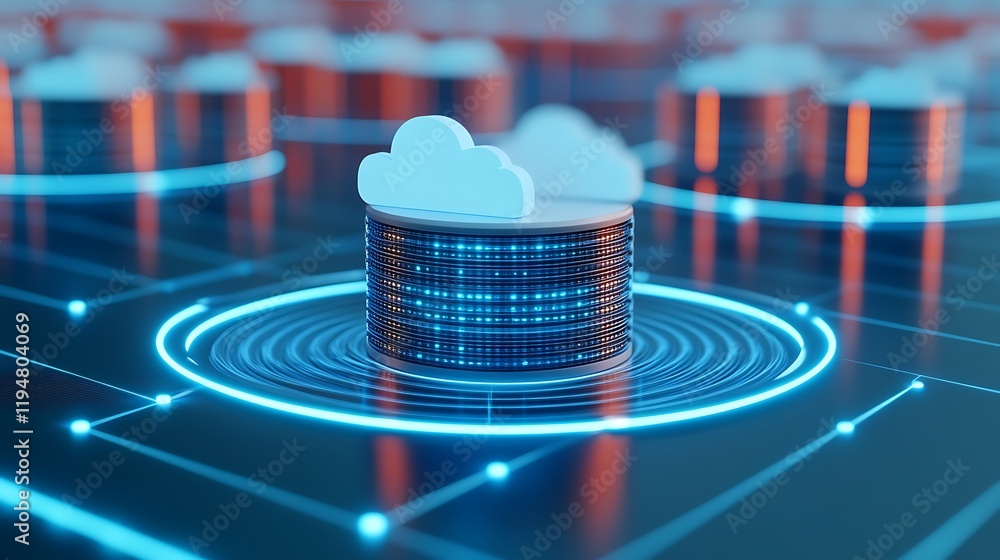 Poster digital cloud computing concept with stacked data discs in futuristic technology environment