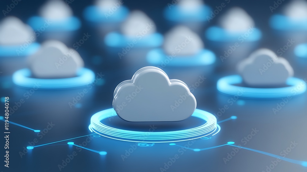 Poster digital cloud computing concept with stylized clouds and glowing circuits in a futuristic environmen