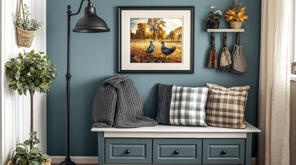 Cozy Living Room Nook with Decorative Pillows and Artwork