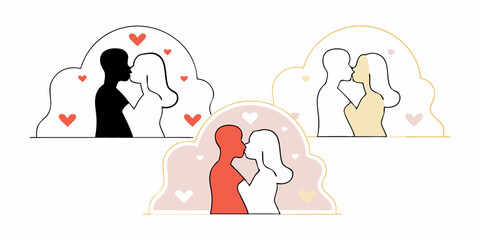 Obraz premium Siluetas de parejas románticas en diferentes colores con detalles de corazones y un fondo suave. 