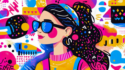 Stylish Woman with Sunglasses in Abstract Art Style