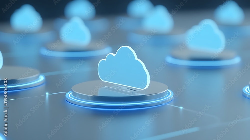 Poster digital cloud computing icons with blue neon glow on modern technology background for data storage c
