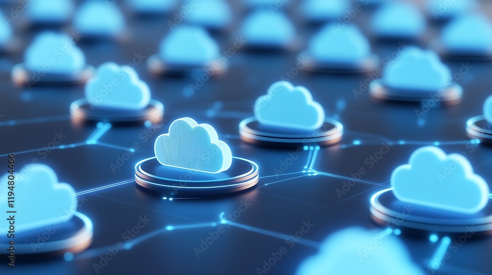 Poster digital cloud computing network with blue cloud symbols on stylish dark background for technology co