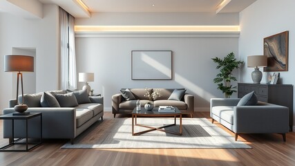 Modern Gray Sofa Living Area, Sophisticated Style, Bright Interior Design, AI Photo