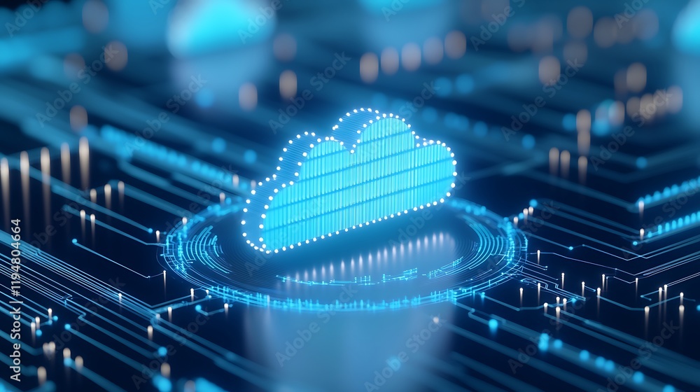 Poster digital cloud computing technology concept with circuit board design in dark background