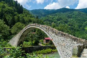 Breathtaking view of the historic Cinciva Bridge and Fırtına Valley in Çamlıhemşin, Rize, Turkey.