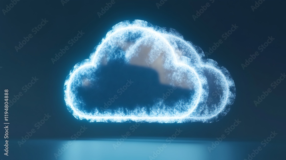Poster digital cloud concept with blue neon effect and atmospheric background for technology and computing 