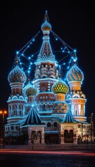 Obraz premium Saint Basil s Cathedral Illuminated with Blue Lights, A Night Landmark view, Moscow, Russia