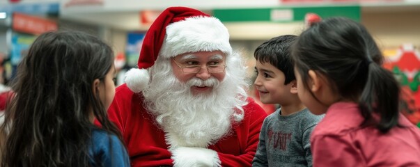 A group of children meeting Santa Claus at a holiday event, 4k photo.