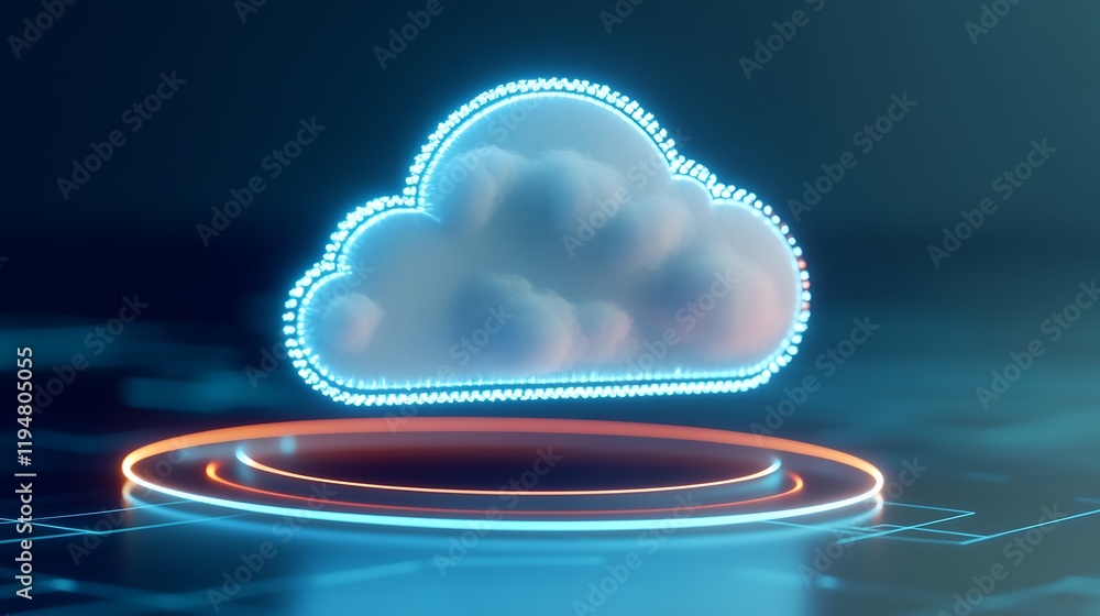 Poster digital cloud concept with floating cloud and futuristic circular base on abstract technology backgr
