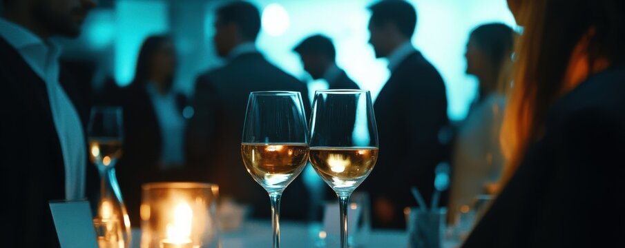 A group of executives networking at a high-profile business event, with wine glasses and name tags, 4k photo.
